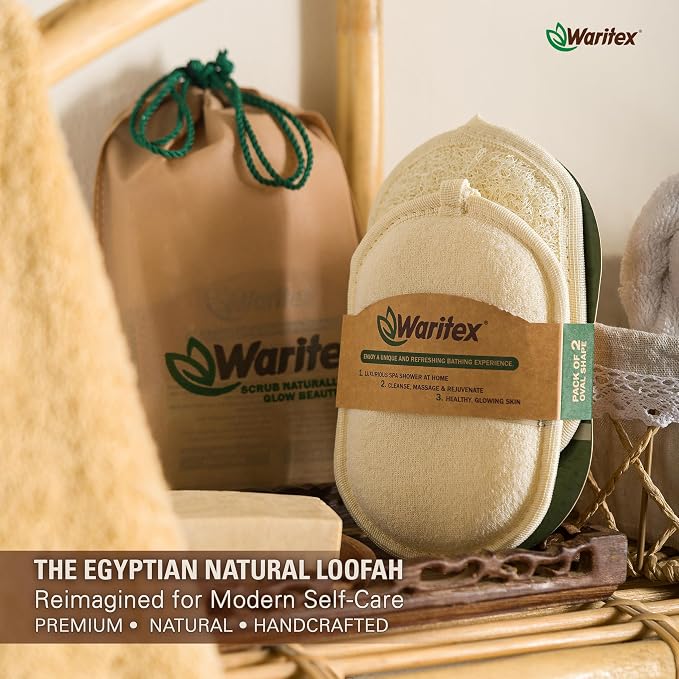 Waritex Organic Egyptian Loofah Oval Exfoliating Body Scrubbers [2 Pack] | Natural Loofah Shower Pads with Hand Strap for Gentle Skin Exfoliation, Smooth & Refreshing Skin, Face & Body Spa Experience