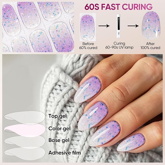 Semi Cured Gel Nail Strips, 22pcs UV Nails Polish Art Sticker, Nail Wraps with UV Light Required for Home Manicure DIY, Long Lasting, Easy Application & Removal, Salon Quality (Shine Purple 204)
