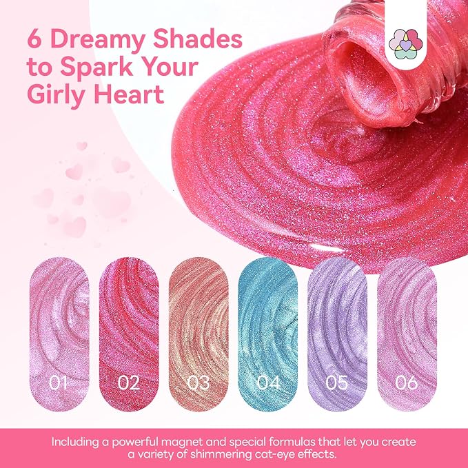SAVILAND Valentine Nail Polish Set, 6 Romantic Pink Colors, 0.34 Fl.oz | Quick Dry, Cat Eye Shimmer, Magnetic Fingernail Polish with Magnet Stick, DIY Home Manicure Gift for Women Girls