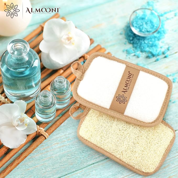 Almooni Natural Shower Loofah, Egyptian Exfoliating Sponge, 2 Pack | Natural Loofah Sponge, Rectangular Loofah Pad for Men & Women, Gentle Exfoliation for Face & Body, with Hanging Loop