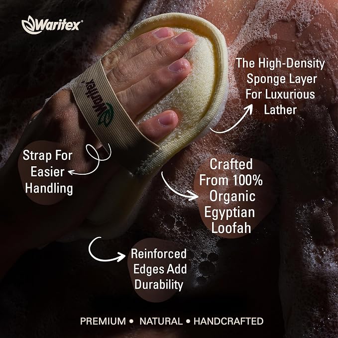 Waritex Organic Egyptian Loofah Oval Exfoliating Body Scrubbers [2 Pack] | Natural Loofah Shower Pads with Hand Strap for Gentle Skin Exfoliation, Smooth & Refreshing Skin, Face & Body Spa Experience