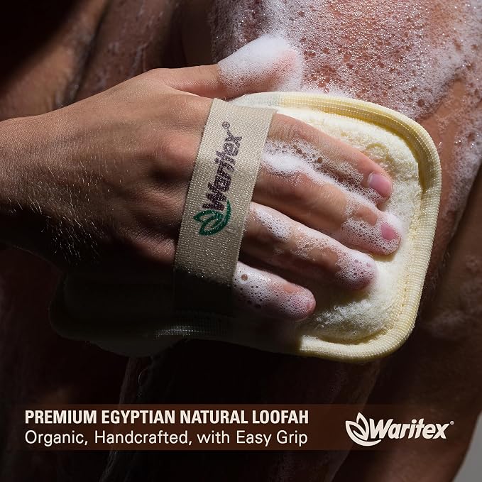 Waritex Organic Egyptian Loofah Rectangular Exfoliating Body Scrub [2 Pack] | Natural Loofah Fiber Bath Pads with Hand Strap for Gentle Skin Exfoliation, Deep Clean Scrubber, Shower Use for Men and Women