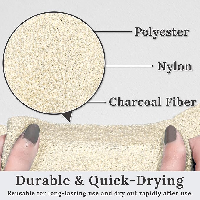 myHomeBody Exfoliating Washcloths for Showering, Cream, Set of 2 | Stretches for Hard-to-Reach Areas, Loofah Body Scrubber Exfoliator, Back Shower Towel, Bath Washer for Exfoliation
