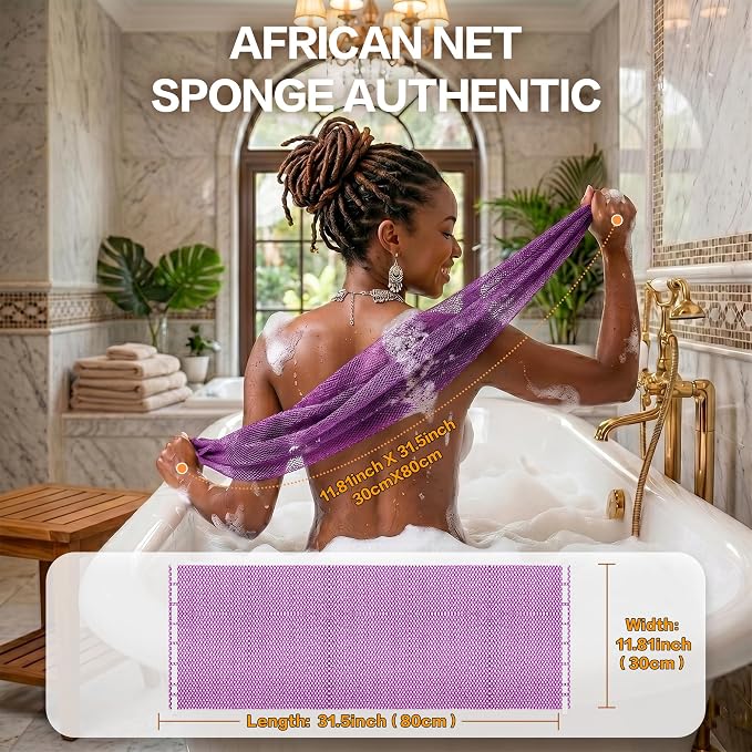 African Net Sponge Authentic, 3 Pieces Premium Exfoliating Bath Sponge, Deep Clean Body Scrubber, Reusable Shower Sponge for Removal Bath Sponge(Light Purple,Gray,Sky Blue) ﻿