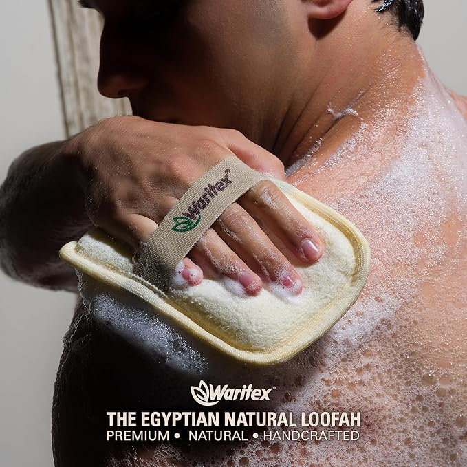 Waritex Organic Egyptian Loofah Rectangular Exfoliating Body Scrub [2 Pack] | Natural Loofah Fiber Bath Pads with Hand Strap for Gentle Skin Exfoliation, Deep Clean Scrubber, Shower Use for Men and Women