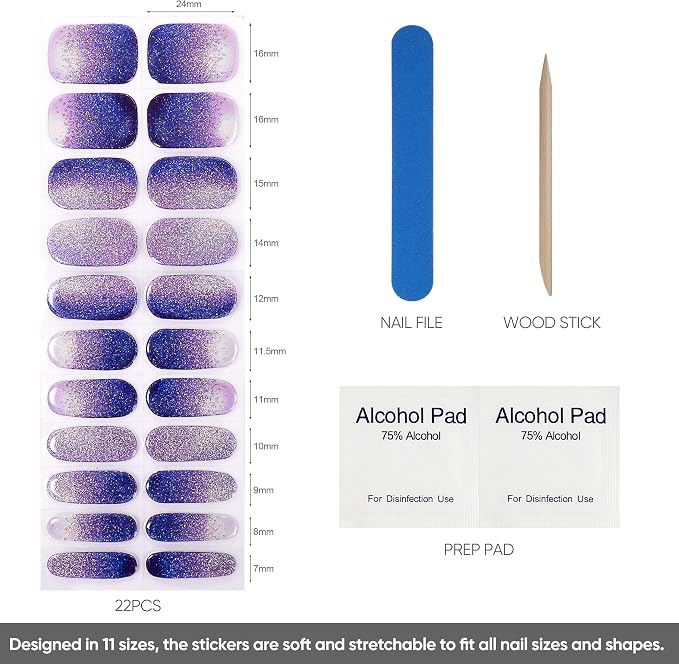 Semi Cured Gel Nail Strips, 22pcs UV Nails Polish Art Sticker, Nail Wraps with UV Light Required for Home Manicure DIY, Long Lasting, Easy Application & Removal, Salon Quality (Shine Purple 131)