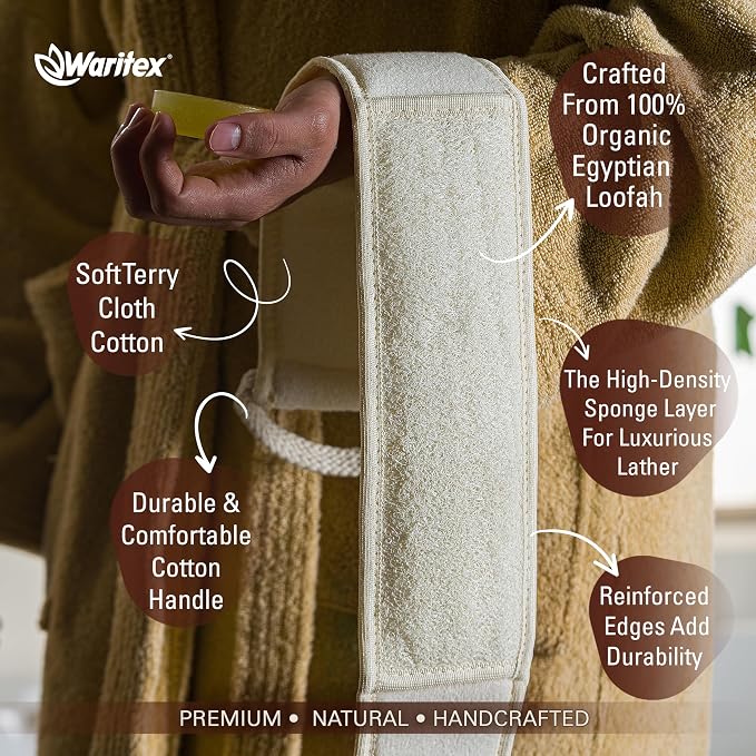 Waritex Organic Egyptian Extra-Long Loofah Exfoliating Back Scrubber | Natural Loofah Fiber Exfoliating Body Scrubber for Shower Deep Clean, Hard-to-access Body and Back Areas for Men and Women