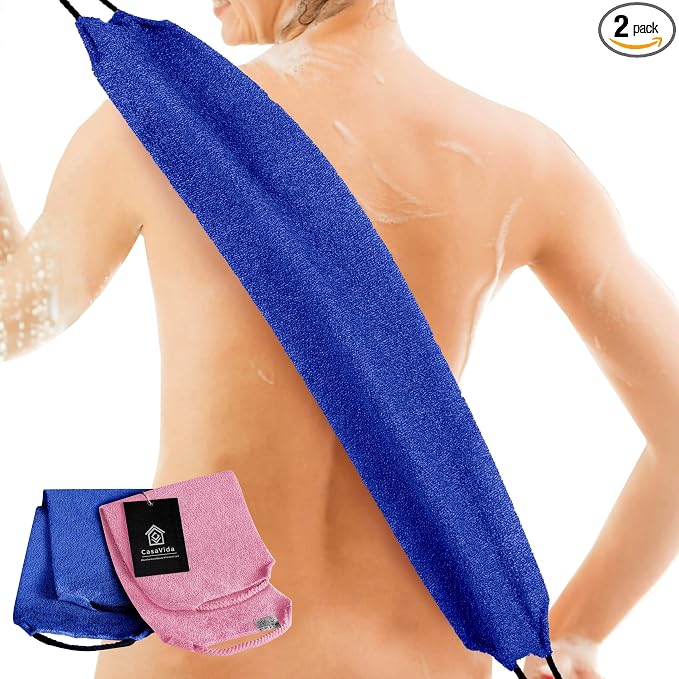 Back Scrubber Towel for Shower, 2 Pack, Pink + Jean Blue | Nylon Bath Towel Washer, Exfoliating Washcloth, Japanese Stretchable Pull Strap, Rear Wash Cloth