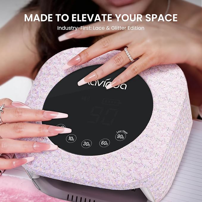 Lavinda UV Light for Gel Nails 54W, Glitter Lace Finish LED Nail Lamp with LCD Display & 4 Timer Settings, Fast Curing Nail Dryer Compatible with All Gel Polish Pink Gift for Women Girls