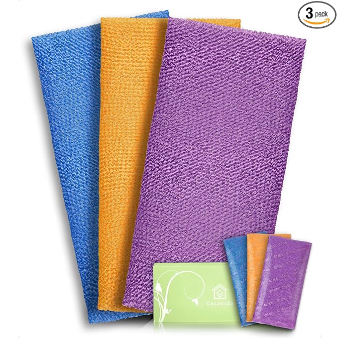 Exfoliating Washcloth Back Scrubber, 3 Pack, Orange Purple Navy | Japanese Beauty Washcloth, Back Scrubber for Daily Use, Textured Poly Nylon Body, Smoother-Looking Skin, Quick-Dry