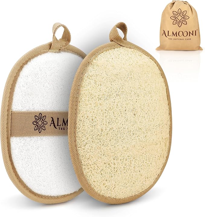 Almooni Natural Loofah Exfoliating Body Scrubber, Shower Sponge 2 Count | Natural Egyptian Loofah, Exfoliating Sponge for Face and Body, Bath Shower Loofah Sponge for Women and Men, 2 count pack