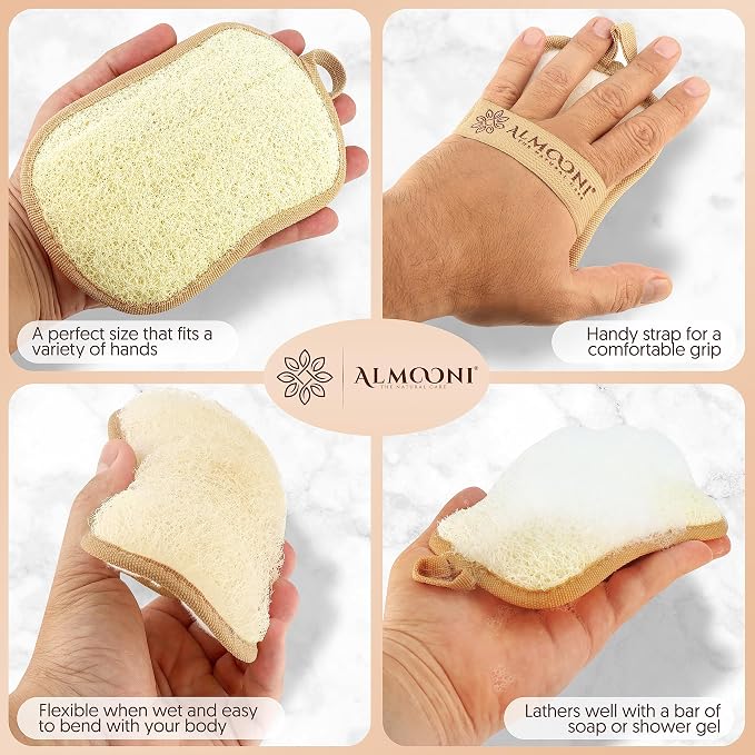 Almooni Natural Loofah Body Scrubber, Exfoliating Loofah Sponge, 2 Pack | Natural Egyptian Loofah Sponge, Loofah Pad Body Scrubber, Bow Tie Shape, Face & Body, Men & Women, Hanging Loop
