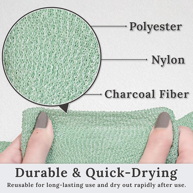 myHomeBody Exfoliating Washcloths for Showering, Light Green, Set of 2 | Stretches for Hard-to-Reach Areas, Loofah Body Scrubber Exfoliator, Back Shower Towel, Bath Washer for Exfoliation