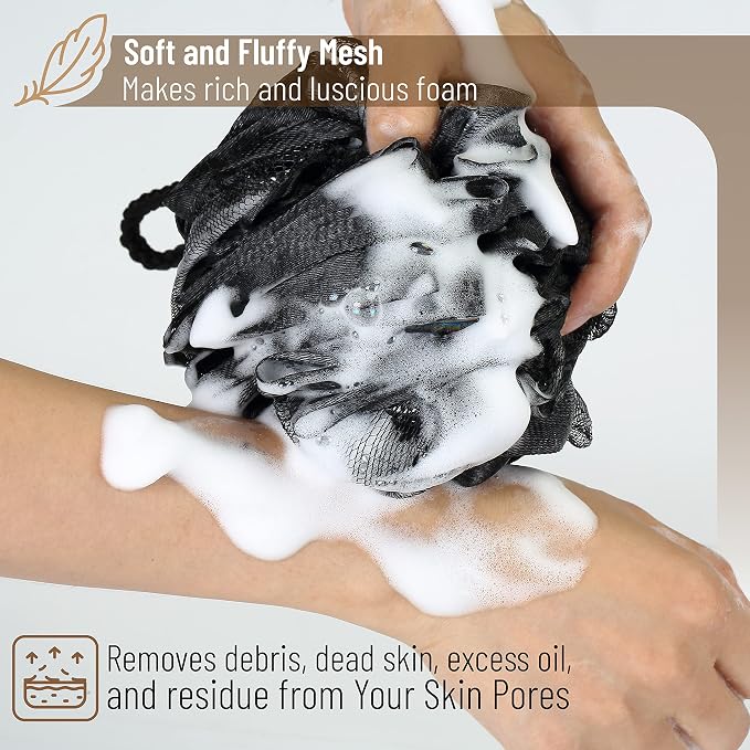 Slick- Loofah with Handle, 17", Gray, Loofah Back Scrubber with Long Wooden Handle, Shower Supplies