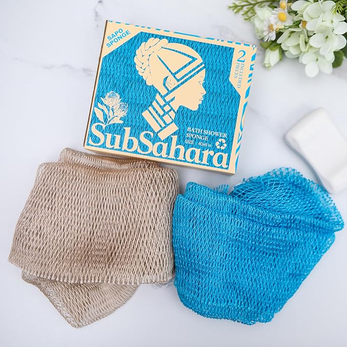 SubSahara Authentic African Net Sponge, 2 Pack 45-Inch Exfoliating Bath Sponge and Shower Loofah for Body and Back, Colorfast Quick-Dry Knotted Mesh Scrubber with Travel Pouch (Linen & Sky Blue)