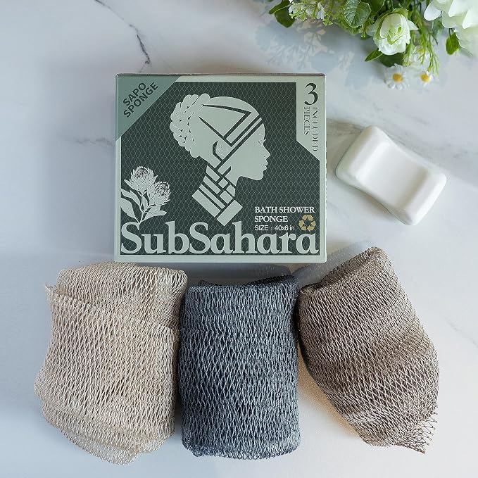 SubSahara Authentic African Net Sponge, 3 Pack 45-Inch Exfoliating Bath Sponge and Shower Loofah for Body and Back, Colorfast Quick-Dry Knotted Mesh Scrubber with Travel Pouch