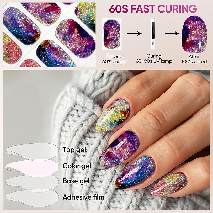 Semi Cured Gel Nail Strips, 22pcs UV Nails Polish Art Sticker, Nail Wraps with UV Light Required for Home Manicure DIY, Long Lasting, Easy Application & Removal, Salon Quality (Dreamy Galaxy 036)