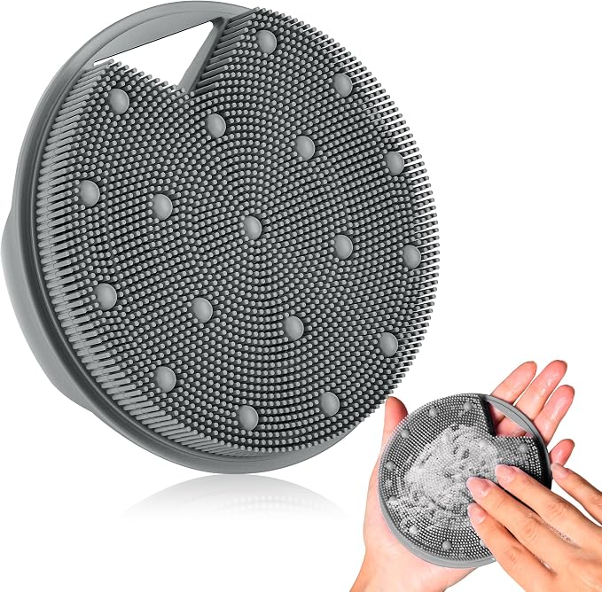 Silicone Body Scrubber -Anti Zinc Infused Exfoliating Body Scrubber | Anti Slip Silicone Loofah,Stiff & Soft Bristles for Cellulite Reduction,Blood Circulation- Gray