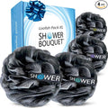 SHOWER BOUQUET Loofah-Charcoal Bath-Sponge-4-Pack Extra-Large 75g Soft Mesh | Black Luffa Loufa Loofa Puff Set / Exfoliating Body Scrubber Lufas for Women and Men – Face & Body Shower Loofah Sponge