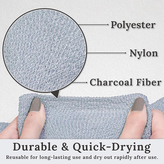 myHomeBody Exfoliating Washcloths for Showering, Sky Blue, Set of 2 | Stretches for Hard-to-Reach Areas, Loofah Body Scrubber Exfoliator, Back Shower Towel, Bath Washer for Exfoliation