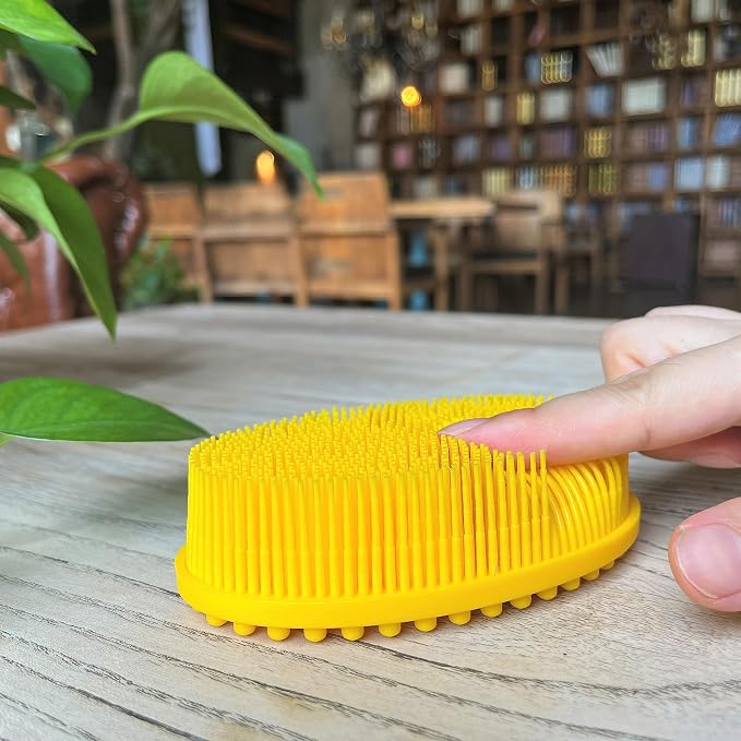 Premium Sensory Brush for Kids or Autism,Soft Silicone Body Scrubber,2 in 1 Sensory Room Occupational Therapy Sensory Brushes,Silicone Loofah,Pet Shower Brush Bath Brush Shampoo Brush(Oval-Yellow)