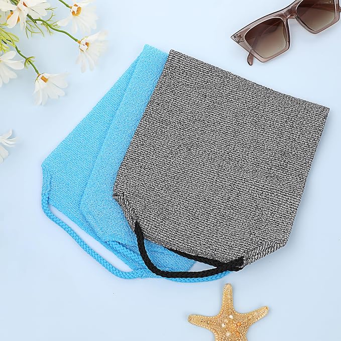 COMNICO 2pcs Exfoliating Back Scrubber, Nylon Shower Bath Exfoliator Extended Length Body Scrub Towel Stretchable Pull Korean Washcloth Strap with Handles(Blue + Gray)