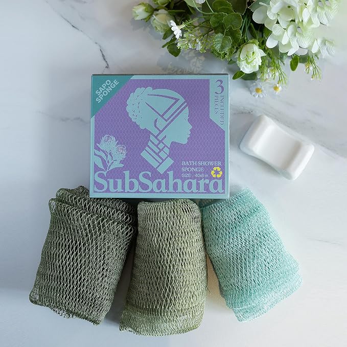 SubSahara Authentic African Net Sponge, 3 Pack 45-Inch Exfoliating Bath Sponge and Shower Loofah for Body and Back, Colorfast Quick-Dry Knotted Mesh Scrubber with Travel Pouch