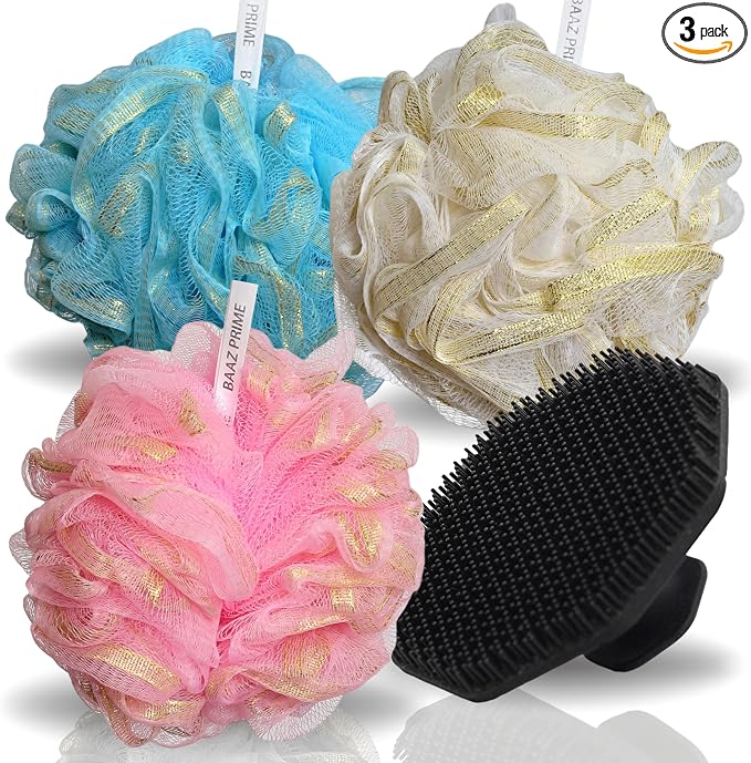 Extra Large Luxury Shower Loofah, (Set 3 Pack,75g) with Silicone Face Scrubber | Exfoliating Bath Sponge Loofa Pouf for Women & Men, Creates Rich Foam for spa Like Bath exprience