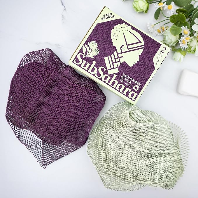 SubSahara Authentic African Net Sponge, 2 Pack 45-Inch Exfoliating Bath Sponge and Shower Loofah for Body and Back, Colorfast Quick-Dry Knotted Mesh Scrubber with Travel Pouch (Berry & Sage Green)