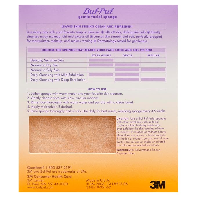 Buf-Puf Gentle Facial Sponge, Dermatologist Developed, Removes Deep Down Dirt & Makeup That Causes Breakouts and Blackheads, Reusable, Exfoliating, 3 Count