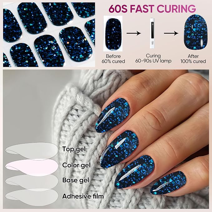 Semi Cured Gel Nail Strips, 22pcs UV Nails Polish Art Sticker, Nail Wraps with UV Light Required for Home Manicure DIY, Long Lasting, Easy Application & Removal, Salon Quality (Dark Sapphire 024)