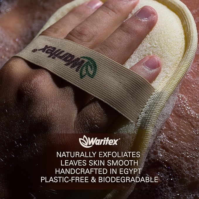 Waritex Organic Egyptian Loofah Oval Exfoliating Body Scrubbers [2 Pack] | Natural Loofah Shower Pads with Hand Strap for Gentle Skin Exfoliation, Smooth & Refreshing Skin, Face & Body Spa Experience