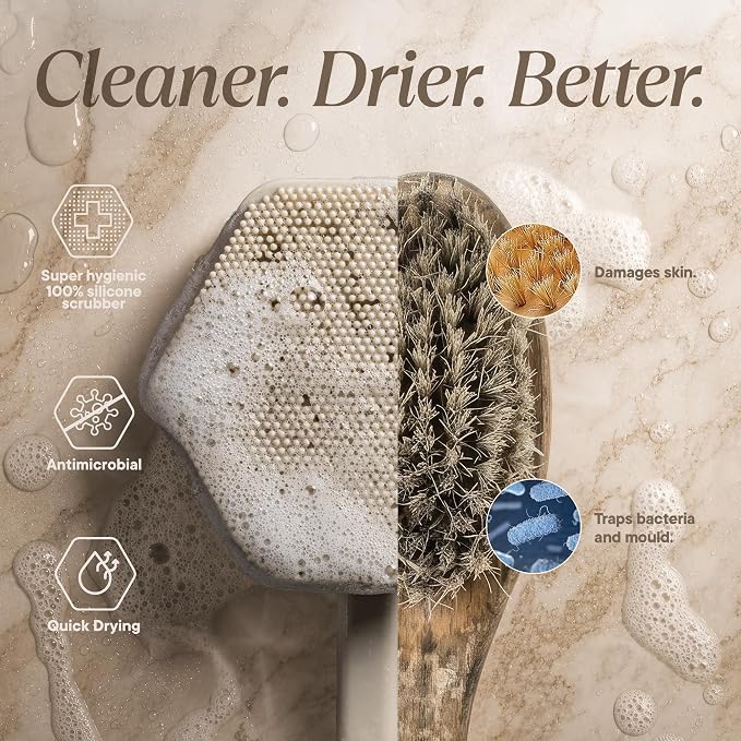 TOOLETRIES Silicone Back Scrubber for Shower with Hook - Sand | Long ergonomic bath brush with a non-slip grip for exfoliating and reaching hard-to-reach areas comfortably.