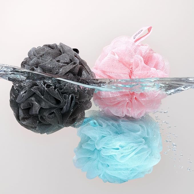 EcoTools EcoPouf 3 Pack Bath Sponge Set, Soft Recycled Netting Shower Poufs for Gentle Exfoliating & Daily Body Cleansing, Rich Lather Loofah Sponges, Vegan & Cruelty-Free