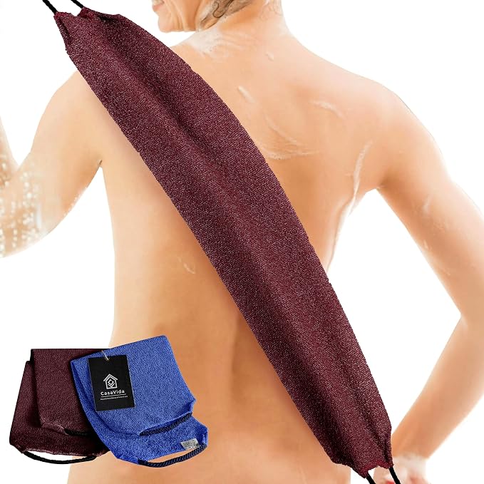 Exfoliating Back Scrubber for Shower, Jean Blue + Wine Red, 2 Pack | Nylon Bath Towel Washer, Exfoliating Washcloth, Japanese Stretchable Strap, Body Exfoliation