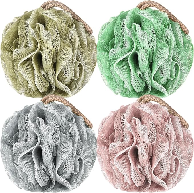 Loofah Sponge Pack of 4, Deep Cleansing Body Scrubber for Shower, Exfoliating Bath Sponge with Handle for Women and Men (001, 50g)