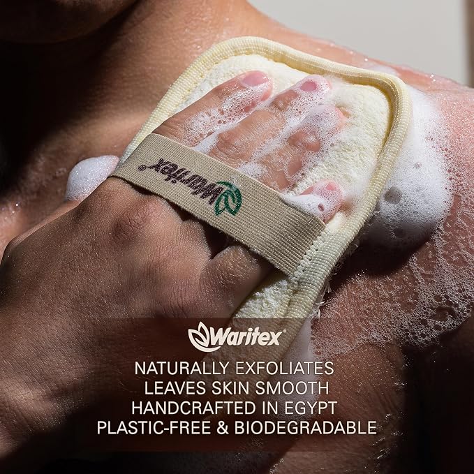 Waritex Organic Egyptian Loofah Rectangular Exfoliating Body Scrub [2 Pack] | Natural Loofah Fiber Bath Pads with Hand Strap for Gentle Skin Exfoliation, Deep Clean Scrubber, Shower Use for Men and Women