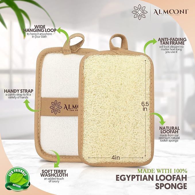 Almooni Natural Shower Loofah, Egyptian Exfoliating Sponge, 2 Pack | Natural Loofah Sponge, Rectangular Loofah Pad for Men & Women, Gentle Exfoliation for Face & Body, with Hanging Loop
