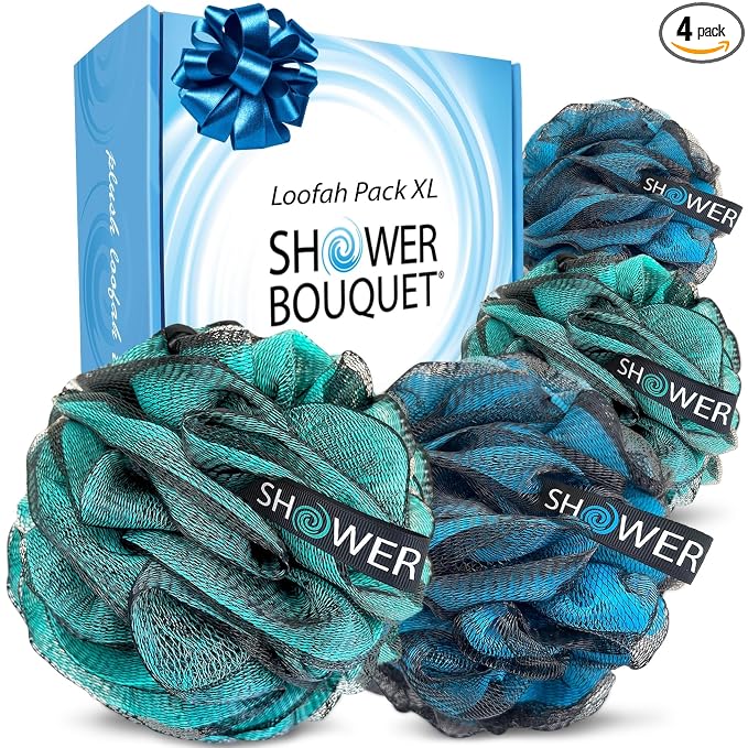 SHOWER BOUQUET Loofah-Charcoal Bath-Sponge XL-4-Pack-Blue-Green Extra Large | 75g Soft Mesh Luffa Loufa Loofa Puff Set / Exfoliating Body Scrubber Lufas for Women and Men Face & Body Shower Loofah Sponge