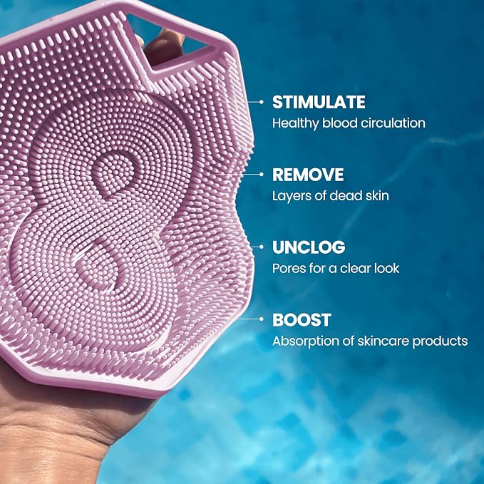 Silicone Shower Body Scrubber, Exfoliating Loofah Alternative - Purple | Exfoliating loofah alternative, zinc & silver-infused silicone, hygienic, gentle for sensitive skin, durable & long-lasting