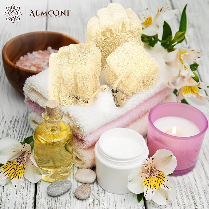 ALMOONI Mini Natural Loofah Sponge, Egyptian Shower Sponge, 3 Count | Real Natural Loofah Sponge, Shower Sponge for Body, Small Body Scrubber, Easy Grip, 3 Count