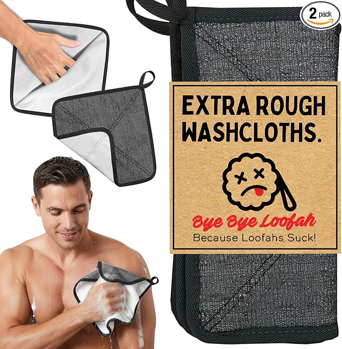 Double-Sided Exfoliating Washcloth, Body Scrubber for Shower, Hand Pocket | Rough & Soft Texture, Fast Drying, Deep Clean, Smooth Skin, Men or Women, 2 Count Pack, Bye Bye Loofah