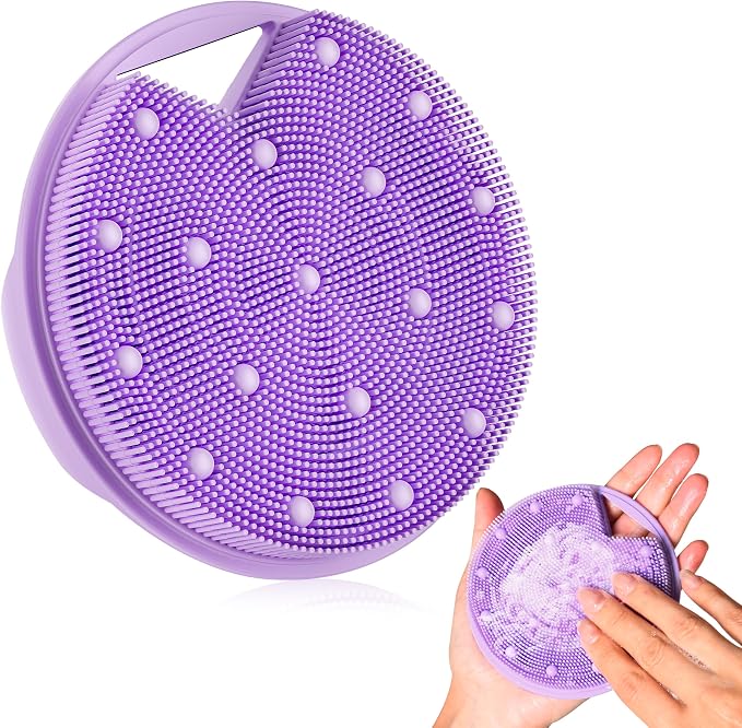 Silicone Body Scrubber -Anti Zinc Infused Exfoliating Body Scrubber | Anti Slip Silicone Loofah,Stiff & Soft Bristles for Cellulite Reduction,Blood Circulation- Purple