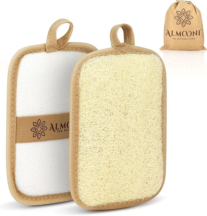 Almooni Natural Shower Loofah, Egyptian Exfoliating Sponge, 2 Pack | Natural Loofah Sponge, Rectangular Loofah Pad for Men & Women, Gentle Exfoliation for Face & Body, with Hanging Loop