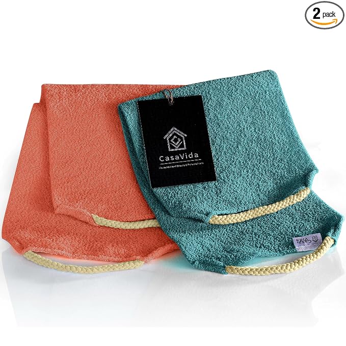 Back Scrubber Towel for Shower, 2 Pack, Rose Pink + Lake Blue | Nylon Bath Towel Washer, Exfoliating Washcloth, Japanese Stretchable Strap, Body Exfoliation