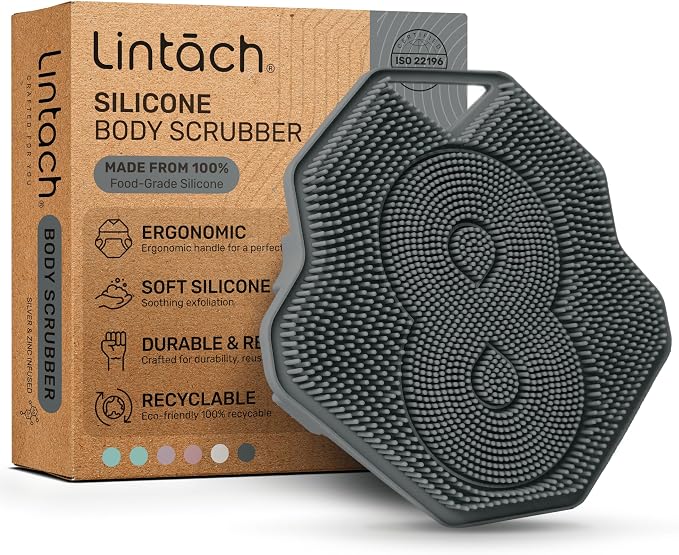 Silicone Shower Body Scrubber, Exfoliating Loofah Alternative - Gray | Silicone loofah alternative, zinc and silver infused, hygienic, gentle for sensitive skin, durable and long-lasting