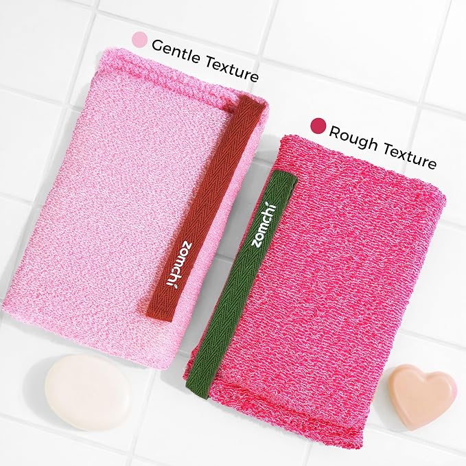 ZOMCHI Body Scrubber, Exfoliating Sponge with Different Levels, Body Exfoliator for Removing Dead Skin, Gentle & Deep Scrub for Women & Men (2-Pack, Pink)
