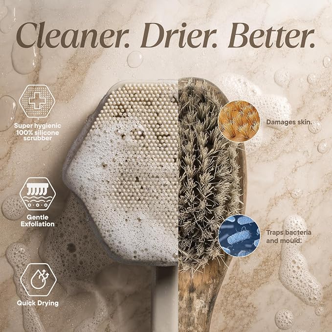 TOOLETRIES Silicone Back Scrubber for Shower, Bath Brush - Sand | Long ergonomic handle and non-slip grip make exfoliating hard-to-reach areas simple and comfortable.