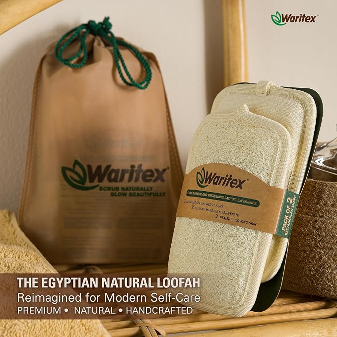 Waritex Organic Egyptian Loofah Rectangular Exfoliating Body Scrub [2 Pack] | Natural Loofah Fiber Bath Pads with Hand Strap for Gentle Skin Exfoliation, Deep Clean Scrubber, Shower Use for Men and Women