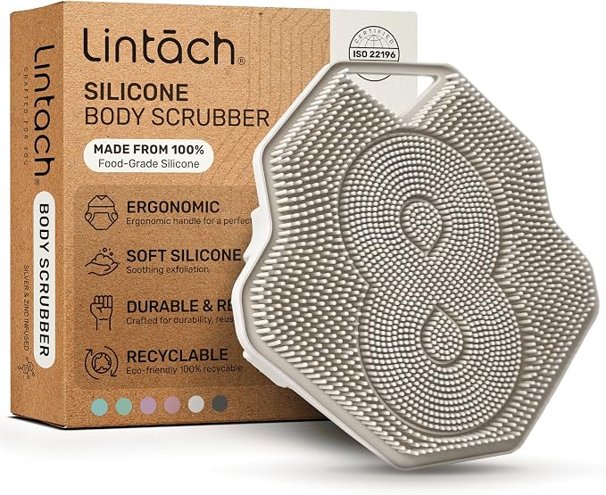 Silicone Shower Scrubber for Body – Exfoliating Loofah Alternative, Zinc & Silver-Infused, Hygienic & Gentle for Sensitive Skin, Durable & Long-Lasting Body Scrubber for Men - White Sand